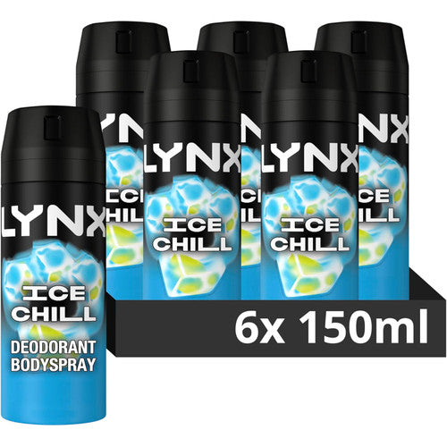 Lynx Men Ice Chill Deodorant Body Spray Antiperspirant with ProScent technology and an iced mint & lemon scent for 72 hours protection against odour and wetness 150 ml, Pack of 6