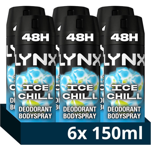 Lynx Men Ice Chill Deodorant Body Spray for 48 hours of odour-busting, high definition fragrance, with an iced mint & lemon scent 150 ml, Pack of 6